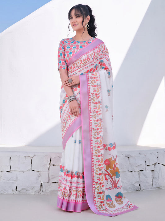 Woman wearing white cotton linen saree with traditional indian motif work and multicolored blouse