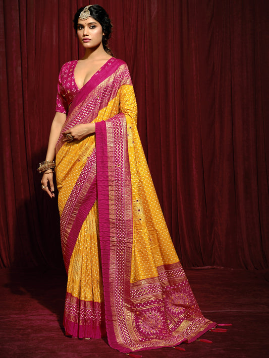 Mustard foil tussar silk saree with pink blouse piece