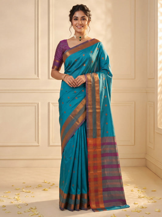 Woman wearing light blue soft silk saree with zari butta (metallic motif) work and pink blouse
