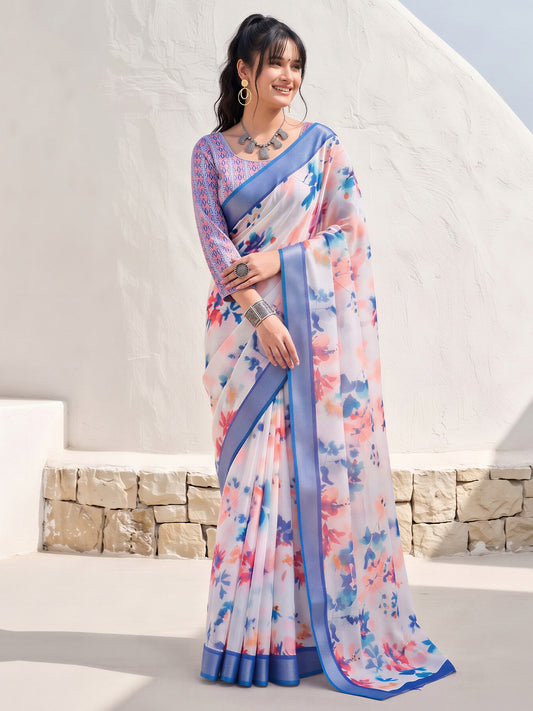 Woman wearing off white cotton linen saree with abstract contemporary design and multicolored blouse