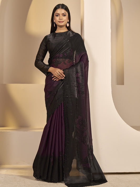 Wine embellished satin silk saree with black blouse piece