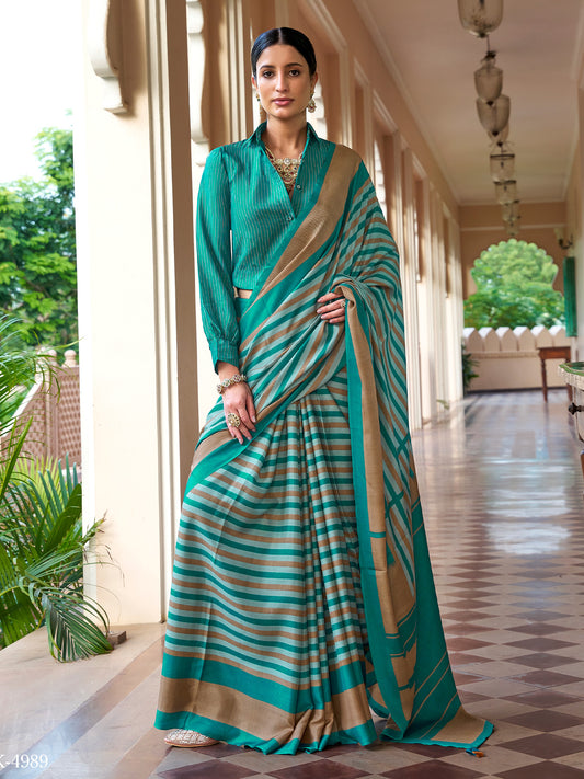 Teal Green striped crepe saree with teal green blouse piece