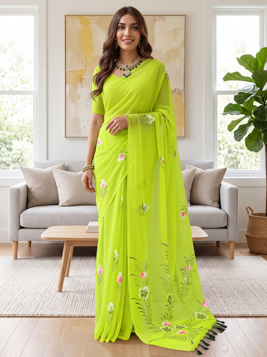 Woman wearing lime green georgette saree with all-over floral design and lime green blouse