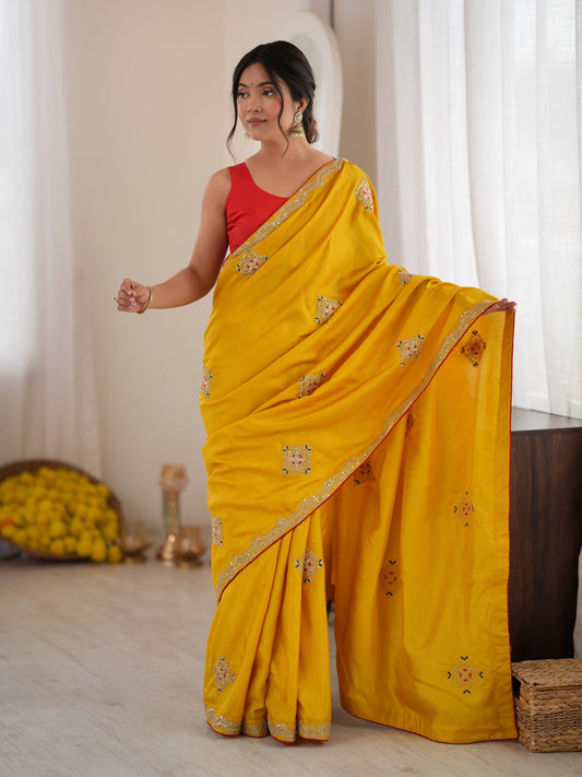 Mustard dola silk saree view 1