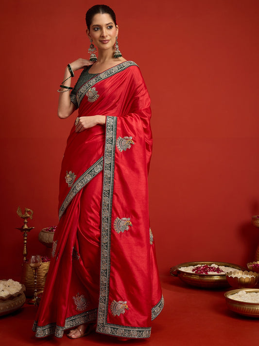 Red dola silk saree view 1