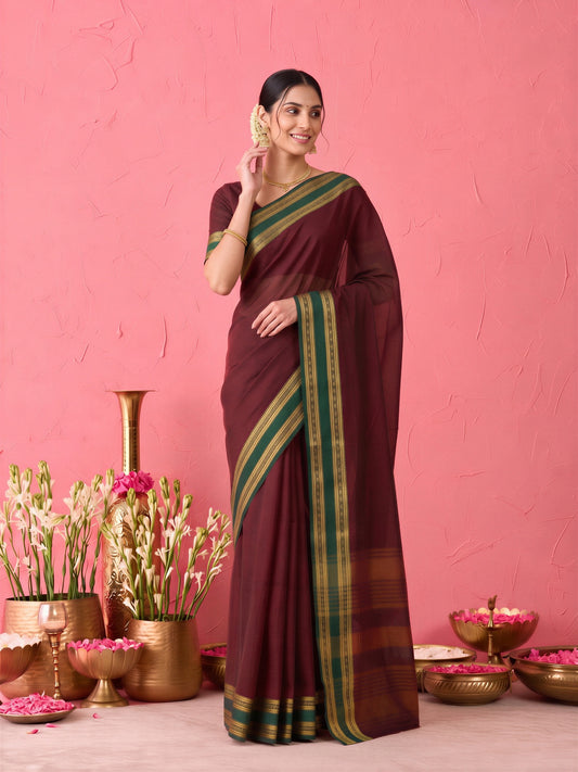 Maroon solid cotton blend saree with maroon blouse piece