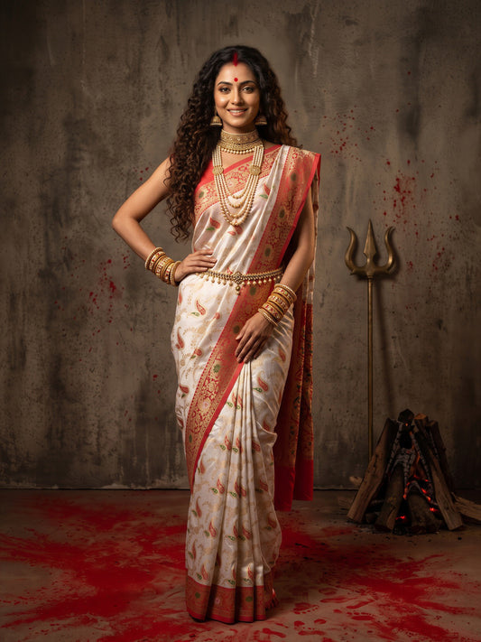 Woman wearing white banarasi silk saree with zari butta (metallic motif) work and red blouse