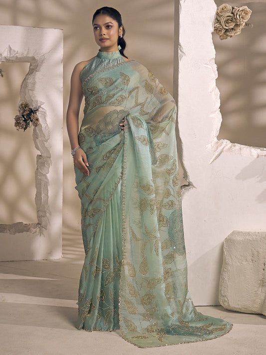 Light Blue embellished organza saree with light blue blouse piece