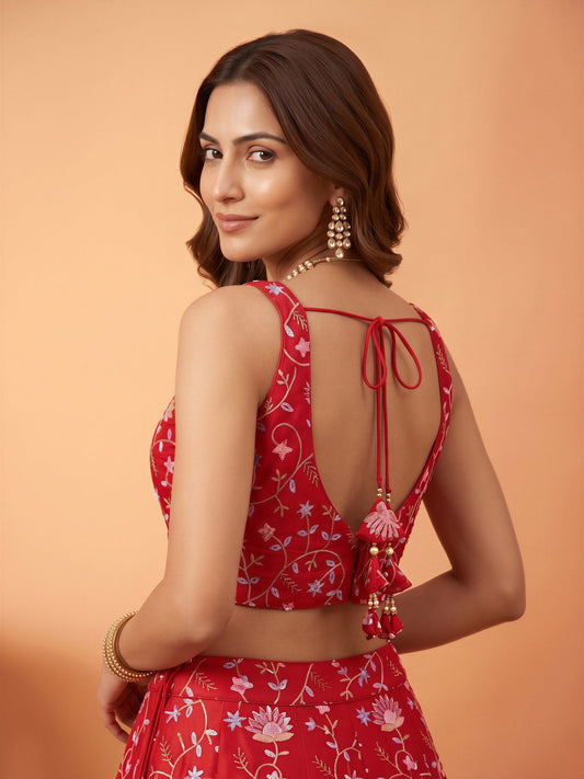 Red sequin embellished satin sleeveless readymade saree blouse with deep v neck view 1