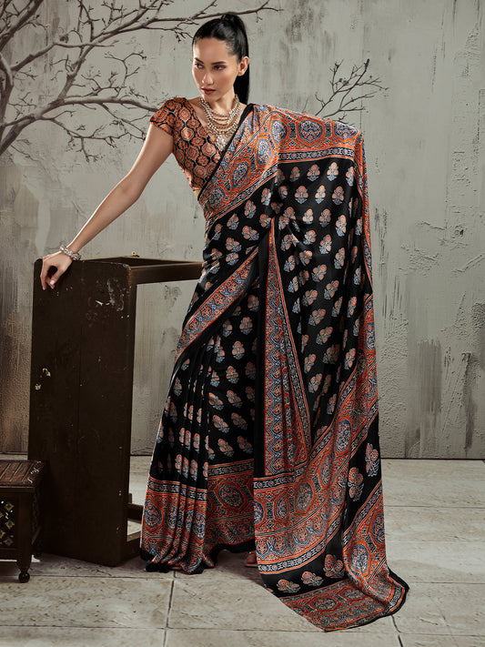 Black ajrak satin saree with rust blouse piece