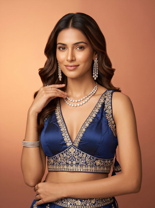 Blue sequin embellished silk blend sleeveless readymade saree blouse with deep v neck