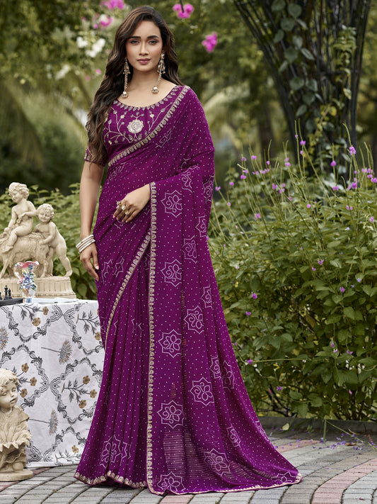 Purple bandhani georgette saree with purple blouse piece