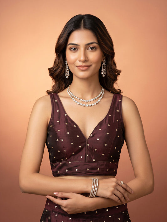 Brown sequin embellished silk blend sleeveless readymade saree blouse with v neck
