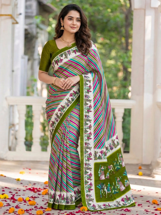 Light Green striped crepe saree with light green blouse piece