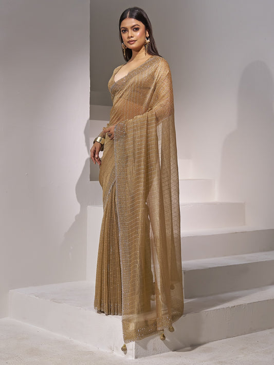 Mustard organza saree view 1