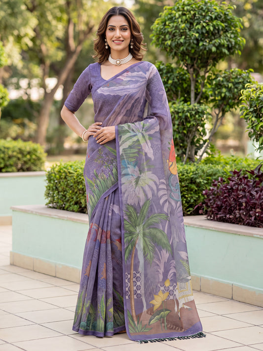 Woman wearing mauve cotton silk saree with all-over floral design and mauve blouse