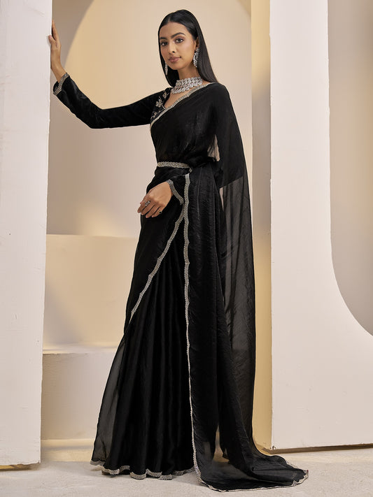 Black satin silk saree view 1