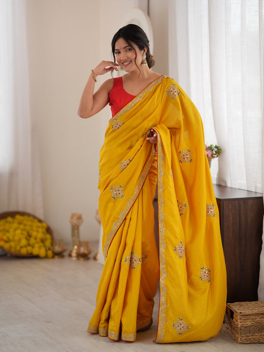 Mustard embellished dola silk saree with red blouse piece