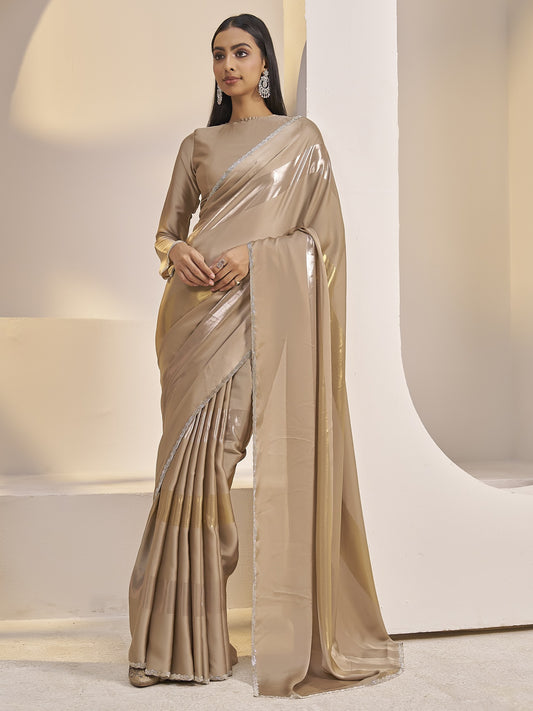 Metallic foil satin silk saree with metallic blouse piece