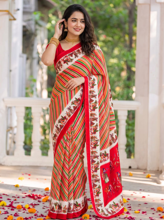 Red striped crepe saree with red blouse piece