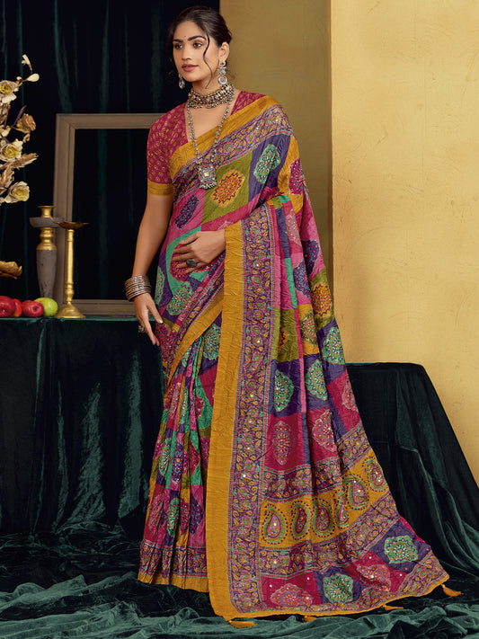 Multicolored floral tussar silk saree with maroon blouse piece