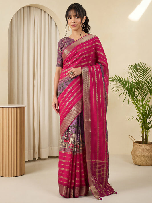 Woman wearing pink viscose silk saree with traditional indian motif work and purple blouse