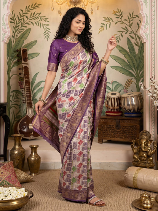 Woman wearing purple silk blend saree with traditional indian motif work and purple blouse