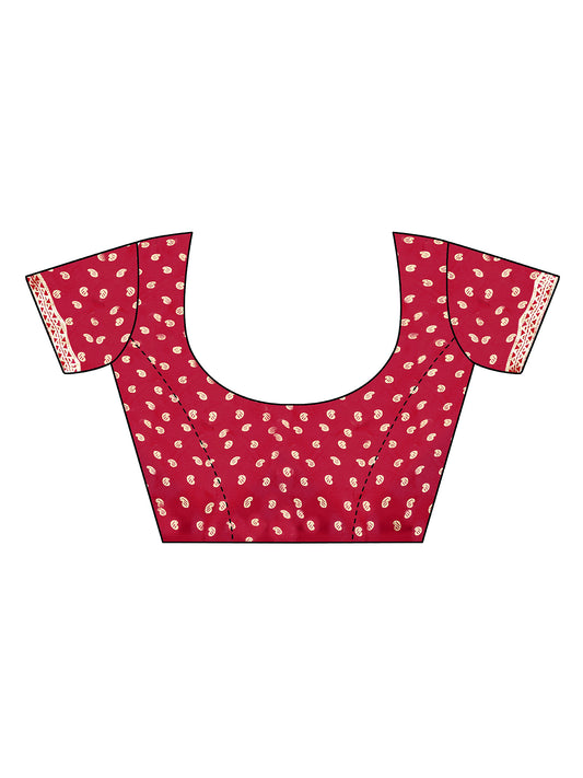 Unstitched red tussar silk blouse piece with foil design