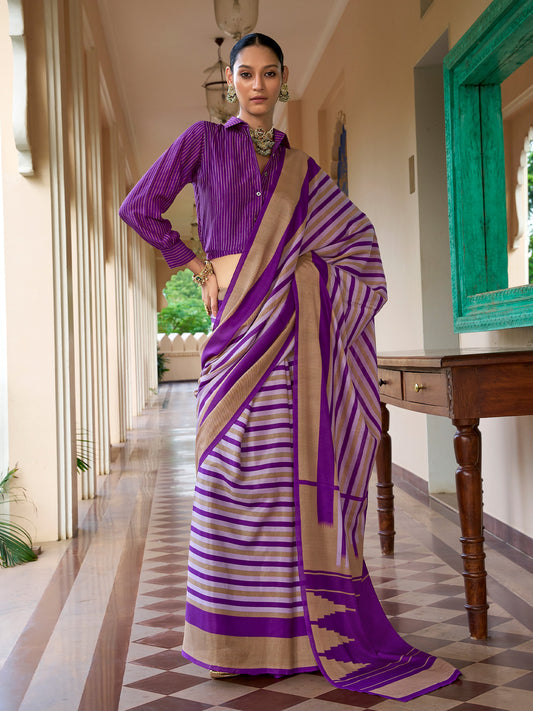 Purple striped crepe saree with purple blouse piece