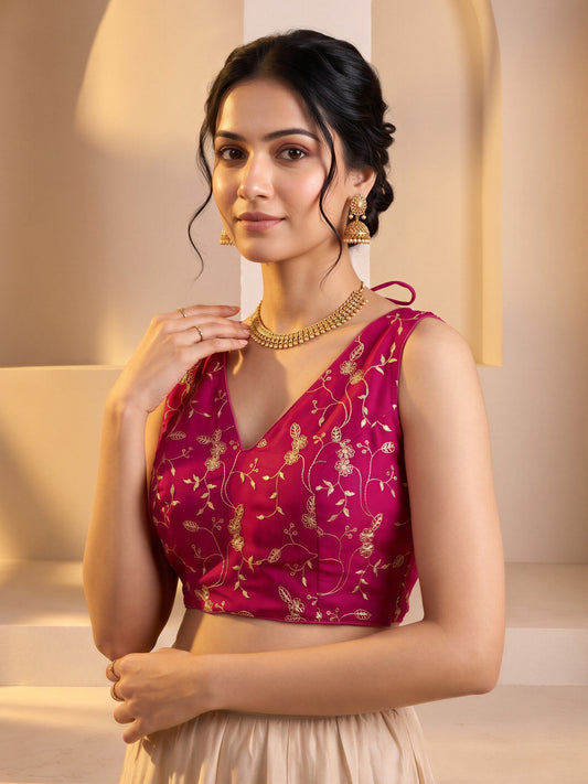 Pink sequin embroidered vichitra silk sleeveless readymade saree blouse with v neck