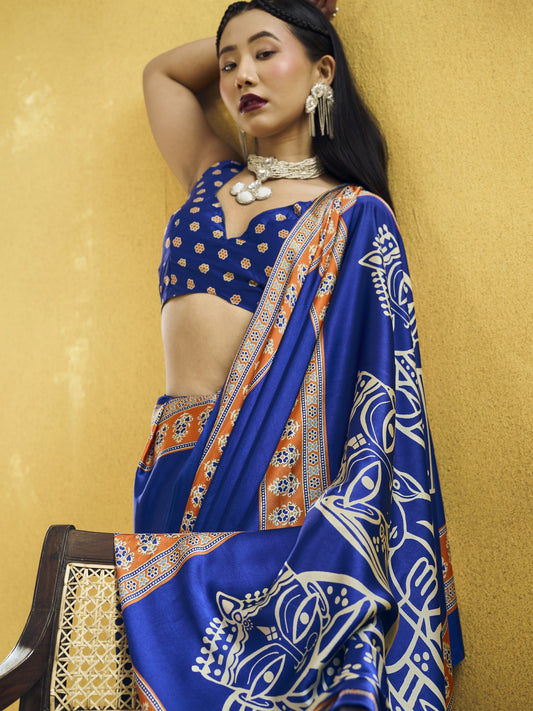 Blue satin saree view 1