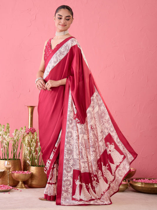 Burgundy Satin saree – detail view 1