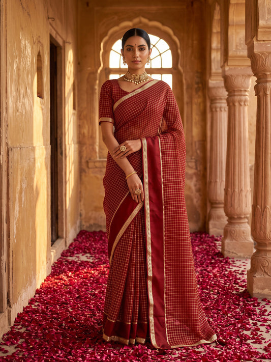 Woman wearing maroon viscose saree with checked pattern design and maroon blouse