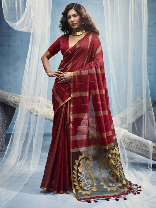 Maroon striped muga cotton saree with maroon blouse piece