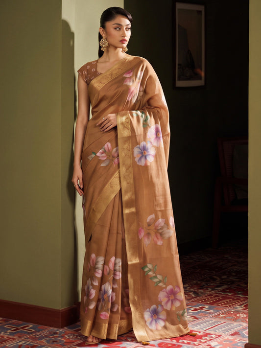 Light Brown floral silk blend saree with light brown blouse piece