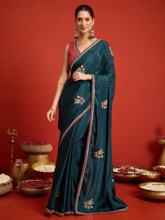 Teal Green embroidered satin silk saree with red blouse piece