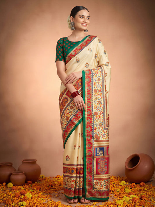 Woman wearing cream silk blend saree with metallic foil print work and dark green blouse