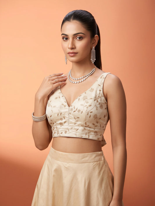 White sequin embellished silk blend sleeveless readymade saree blouse with v neck