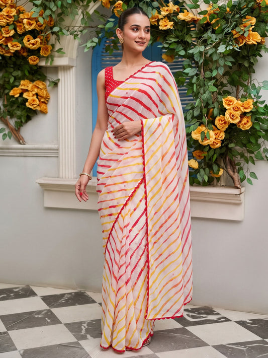 Off White leheriya georgette saree with red blouse piece