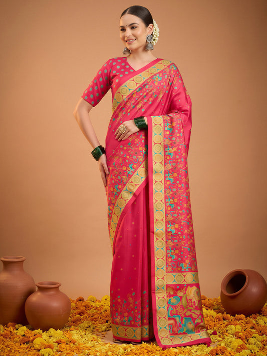 Woman wearing pink silk blend saree with metallic foil print work and pink blouse
