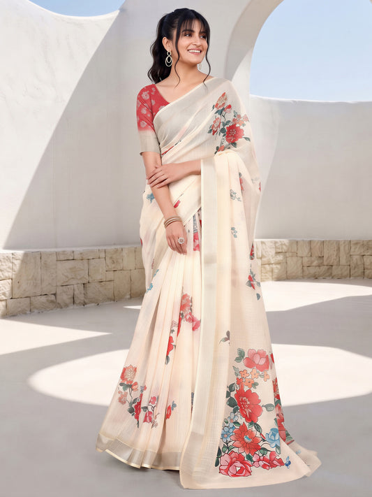 Woman wearing cream cotton linen saree with botanical floral and leaf design and red blouse