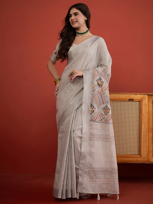 Grey Melange embroidered linen blend saree with grey melange blouse piece