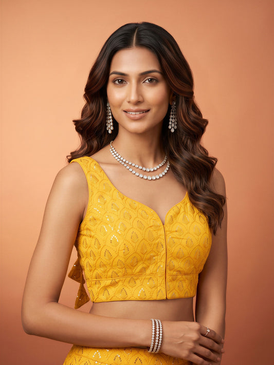 Mustard sequin embroidered georgette sleeveless readymade saree blouse with sweetheart neck