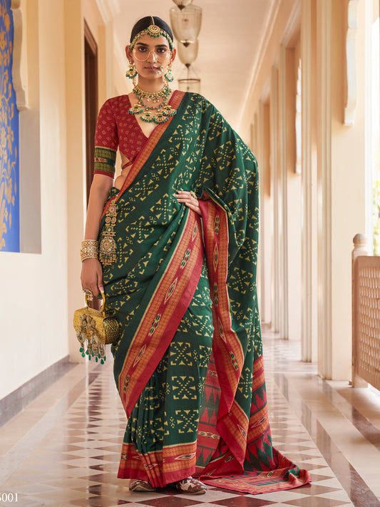 Green ikat silk blend saree with maroon blouse piece