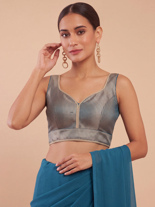 Teal Blue woven metallic jacquard sleeveless readymade saree blouse with sweetheart neck