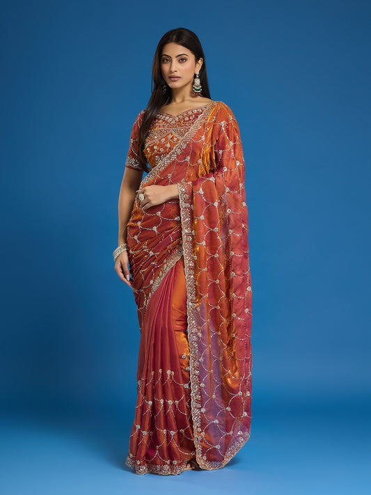 Woman wearing orange satin saree with ornamented surface design and orange blouse