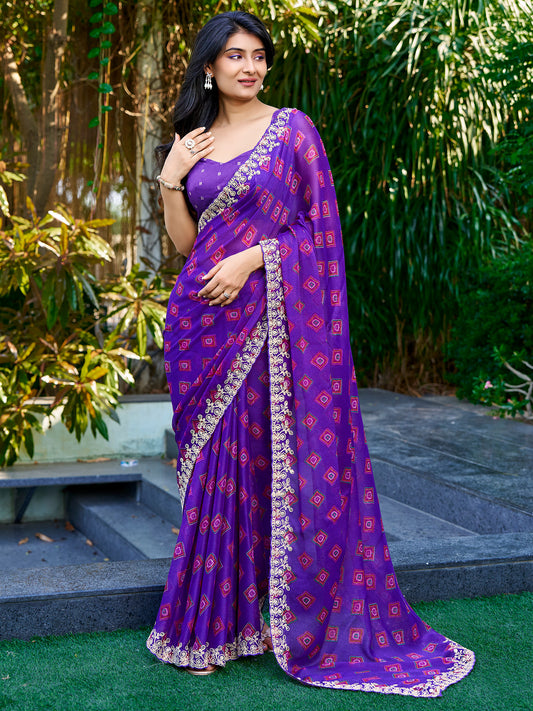 Woman wearing purple georgette saree with geometric pattern design and purple blouse