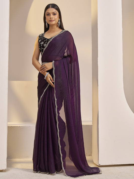 Wine satin silk saree view 1