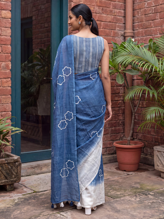 Indigo Cotton Linen saree – detail view 1