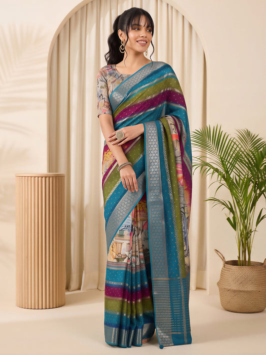 Woman wearing multicolored viscose silk saree with traditional indian motif work and multicolored blouse